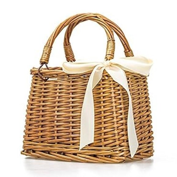 Natural Handwoven Wicker Handbag, Rectangular Basket Purse, Women Straw Tote (Re - Picture 1 of 1
